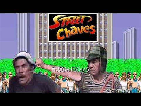 Screenshot da tela de inicio do jogo, onde simula a tela clássica de inicio de Street Fighter 2. Chaves dá um soco no rosto do Sr Madruga, em tom cômico.