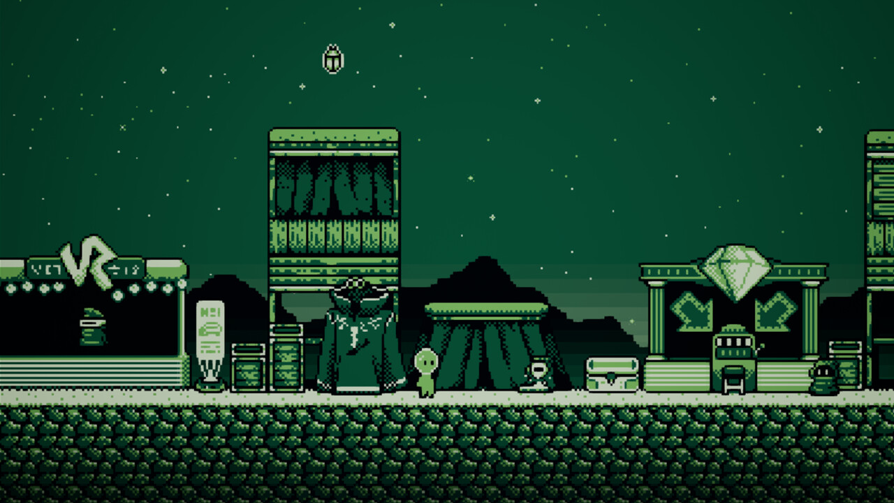 Screenshot do jogo Kryh Explorer. Mostra o protagonista no centro da tela, onde parece ser uma cidade com comércio. A arte do jogo é apenas em tons de verde, com um pixel art bem detalhado.