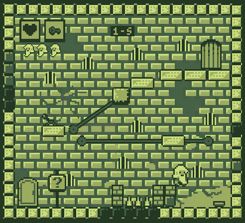 Screenshot do jogo Condenado: Sem saída. Mostra o personagem em cima de uma plataforma, com diversos espinhos, obstáculos e alavancas pelo cenário. A arte segue o visual do gameboy, mostrando toda a fase em apenas uma tela. É o interior de um castelo.