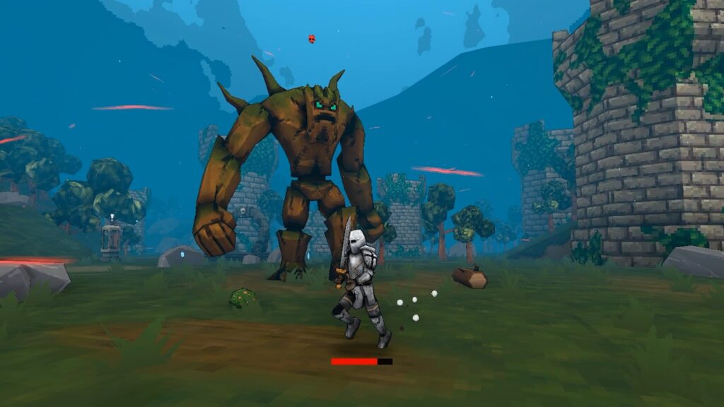 Screenshot do jogo Megabonk, um cavaleiro low poly segurando espada corre de um monstro árore gigante