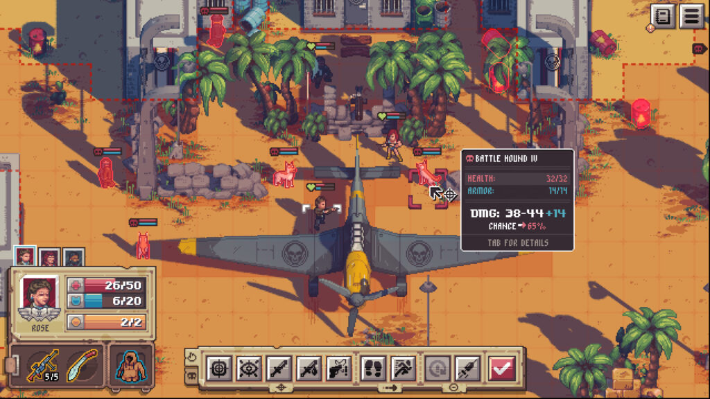 Personagens em pixel art, em um jogo tático por turno próximos a um avião da segunda guerra mundial. Jogo Pathway