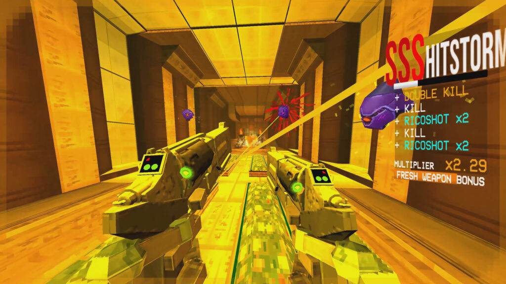 Screenshot do jogo Ultrakill. O personagem segura duas sub-metralhadoras em um corredor amarelo.